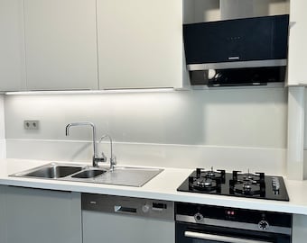 Custom Tempered Glass Kitchen Backsplash: Beige or Black