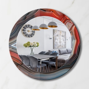 Decorative Marble Textured Round Wall Mirror for Hallways, Living Rooms and Bathrooms - Round Wall Mirror in Red and Grey Tones