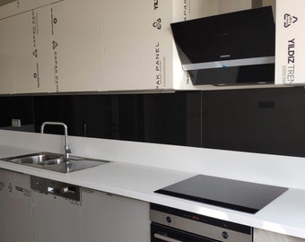 Custom Solid Black Tempered Glass Kitchen Backsplash