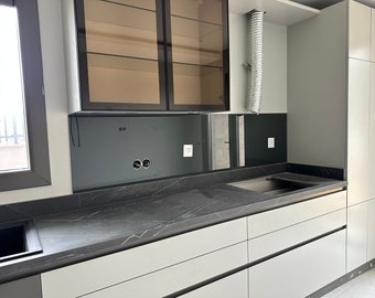 Custom Tempered Glass Kitchen Backsplash: Dark Grey, Heat Resistant