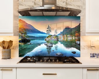Calm Lake Sunset Tempered Glass Stove Backsplash Panel