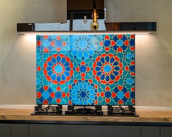 Blue & Red Mosaic Art Glass Stove Backsplash: Tempered Kitchen Mural