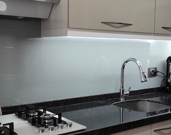 Custom Tempered Glass Kitchen Backsplash: Light Grey Panel