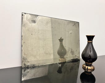 Antique Mirror Tiles with a Distressed, Oxidized Finish, Featuring Organic Black Patterns