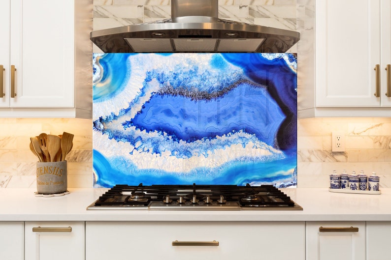 Blue and White Kitchen Backsplash Tempered Glass Backsplash Etsy