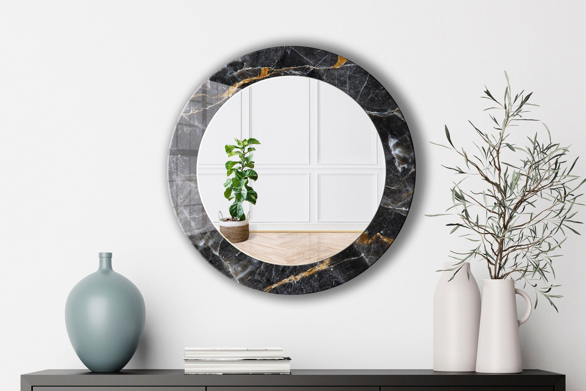 Black and Gold Marble Textured Round Wall Mirror for Hallways - Etsy