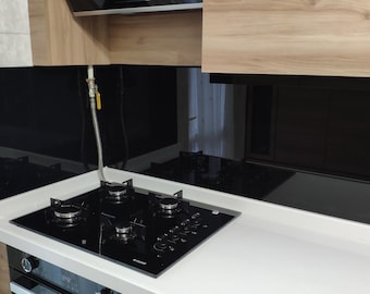 Custom Tempered Glass Kitchen Backsplash: Solid Black Panel