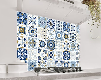 Blue Moroccan Tile Tempered Glass Stove Backsplash