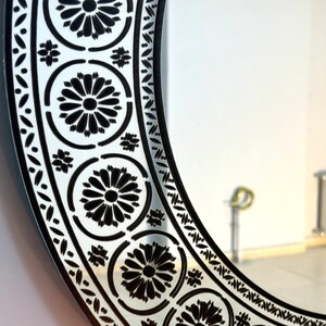 Decorative Round Wall Mirror with Black Antique Pattern for Hallways, Entryways, Bathrooms, Bedrooms