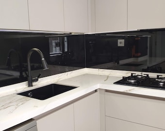 Solid Black Tempered Glass Kitchen Backsplash: Custom Cooker Wall Protection