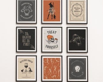 May include: Nine black framed prints with Halloween themed illustrations and text. The prints feature a witch, a skull, a coffin, a skeleton, a potion, and a crystal ball. The text includes phrases like "Bad Ghoul's Club", "Treat Yourself", "Witching Hour Whispers", and "Til Death Do Us Part".