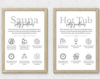 Ensemble de consignes de sécurité pour le bain à remous et le sauna : panneaux Airbnb et Vrbo, règles du spa, téléchargement immédiat
