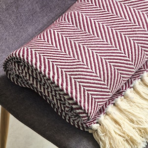 Manta, color vino, Textiles portugueses, Manta de sofá, 100% algodón, hecha a mano en Portugal, Mantas auténticas