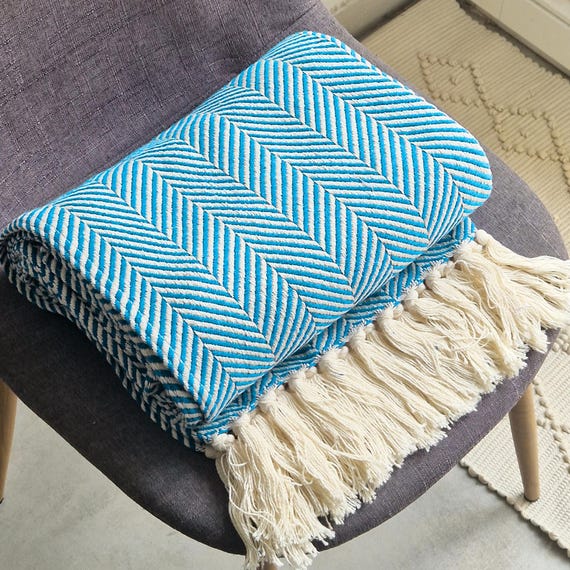 Decke geworfen, blaue Farbe, portugiesische Textilien, Sofadecke, 100% Baumwolle, handgemacht in Portugal, authentische Decken