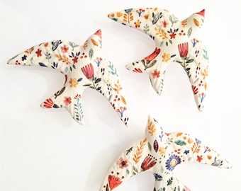 Set of 3 Ceramic Swallows, DECOUPAGE, Portuguese handcraft, wall decoration, Folk Decor