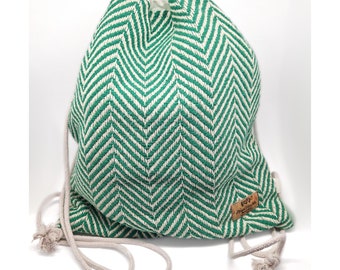 Drawstring Backpack, made in Portugal, 100% cotton, from traditional Portuguese fabrics, typical geometric patterns.