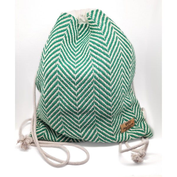 Drawstring Backpack, made in Portugal, 100% cotton, from traditional Portuguese fabrics, typical geometric patterns.