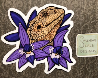 Bearded Dragon with Purple Orchid Flowers Lizard Reptile Sticker