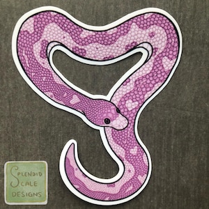 May include: A pink and white snake sticker with a heart-shaped head, curled in a circle. The sticker is on a brown background.