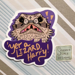 May include: A purple sticker with a cartoon bearded dragon wearing glasses and the text 'yer a lizard, Harry!'. The sticker is on a striped background with a small green sticker that says 'Splendid Scale Designs'.