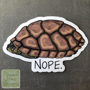 May include: A sticker of a brown turtle with a shell that has a pattern of brown and tan lines. The turtle is in a curled up position with its head tucked in. The sticker has the word "NOPE" written in white letters on a white background.