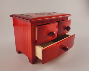 Wooden Jewellery Box with three drawers, hand inlaid and painted in Red Color