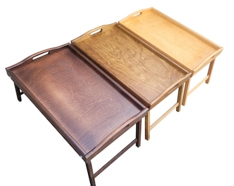 Wooden Tray for serving breakfast or other dishes with folding legs in three shades of brown to choose from