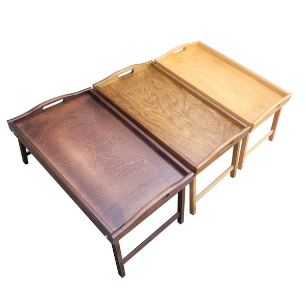 Wooden Tray for serving breakfast or other dishes with folding legs in three shades of brown to choose from