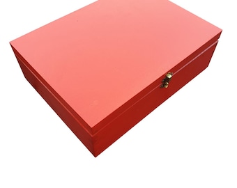 Wooden Box, For Documents, With Lid, A4 Size, Closed with a Latch, The box is Hand Painted in Red Color