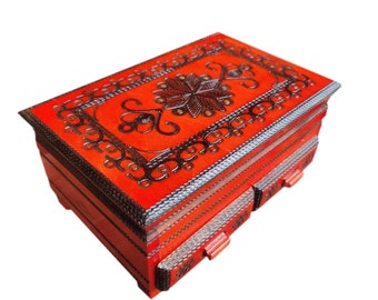 Wooden Rectangular Jewellery Box witd Mirror and Two drawers, hand inlaid and painted in Red Color