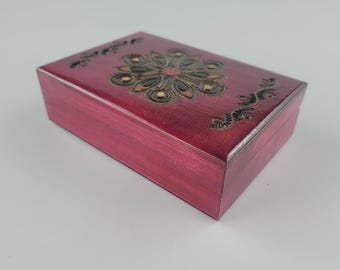 Wooden Small Jewellery Box, hand inlaid and painted in Pink Color