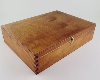 Large Wooden Rectangular Box Closed with a Latch 16'' x12'', Hand Painted Wooden Box in Brown Color.