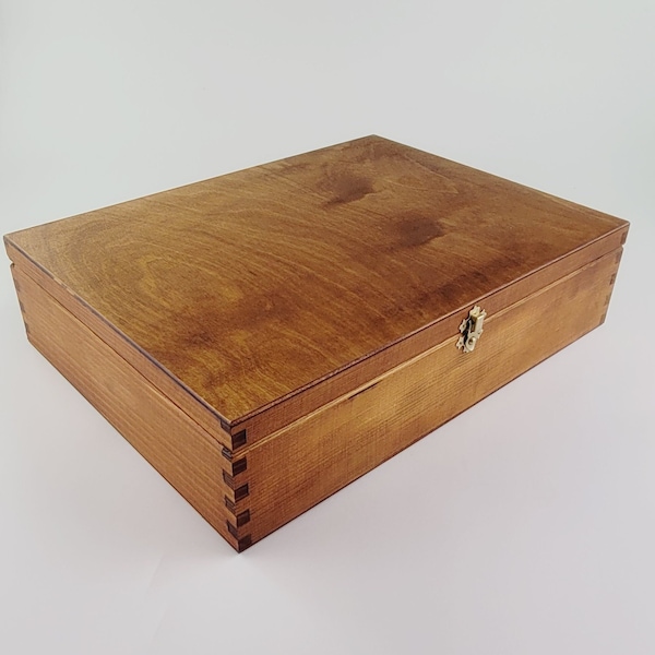 Large Wooden Rectangular Box Closed with a Latch 16'' x12'', Hand Painted Wooden Box in Brown Color.