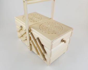 Wooden Sliding Sewing Box with three levels, in white color