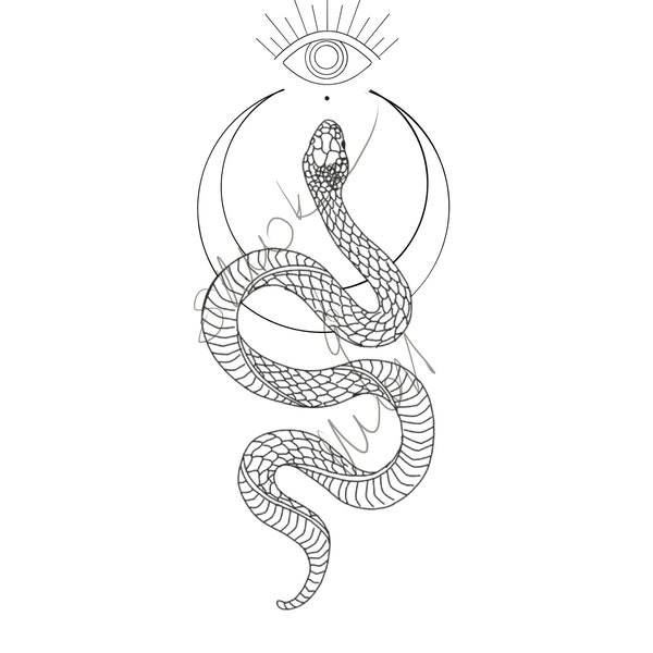 Snake and moon hand drawn digital illustration/ vector for wall art, wedding invitation, branding, tattoos, etc