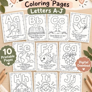 May include: Ten printable Bible alphabet coloring pages featuring letters A through J. Each page displays a large letter, a black and white line art illustration, and a corresponding Bible verse. The text includes titles like Bible Alphabet Coloring Pages.