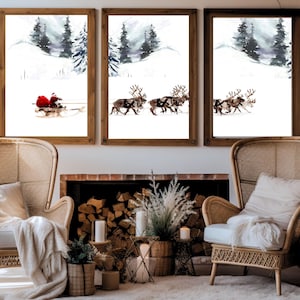 Santa Claus is Coming To Town Print, Set of 3 Santa Claus on Sleigh Pulled By Reindeer Art, Here Comes Santa Claus Poster, Santas Sleigh Art