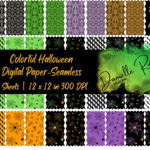 May include: A set of 35 digital papers featuring colorful Halloween designs. The papers are 12 inches by 12 inches and have a resolution of 300 DPI. The designs include skeletons, spiders, spiderwebs, and other Halloween-themed elements.