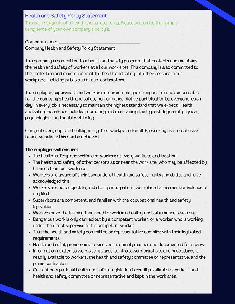 Health & Safety Policy Statementtemplate Etsy
