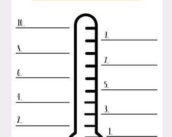 May include: A Feelings Thermometer worksheet featuring a central black-outlined thermometer graphic with a green bulb. The page includes numbered lines from 1 to 10 for recording information, with a beige header and decorative green leaf accents.