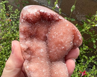 Brazilian Quartz Crystal with Red Inclusions Sugar Druzy Freeform on a stand.