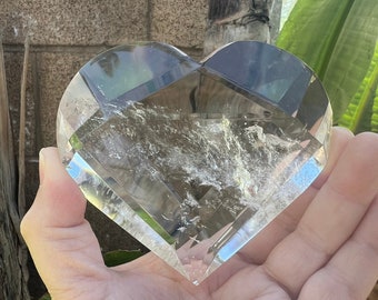 Quartz Crystal Faceted Heart with Inclusions and Stand