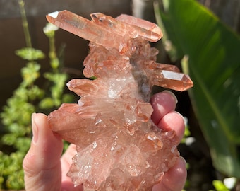 AAA Tangerine Orange Quartz Crystal Cluster with Rainbow and Stand