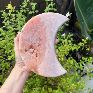 Pink Amethyst Quartz Crystal Sugar druzy Moon with Stand