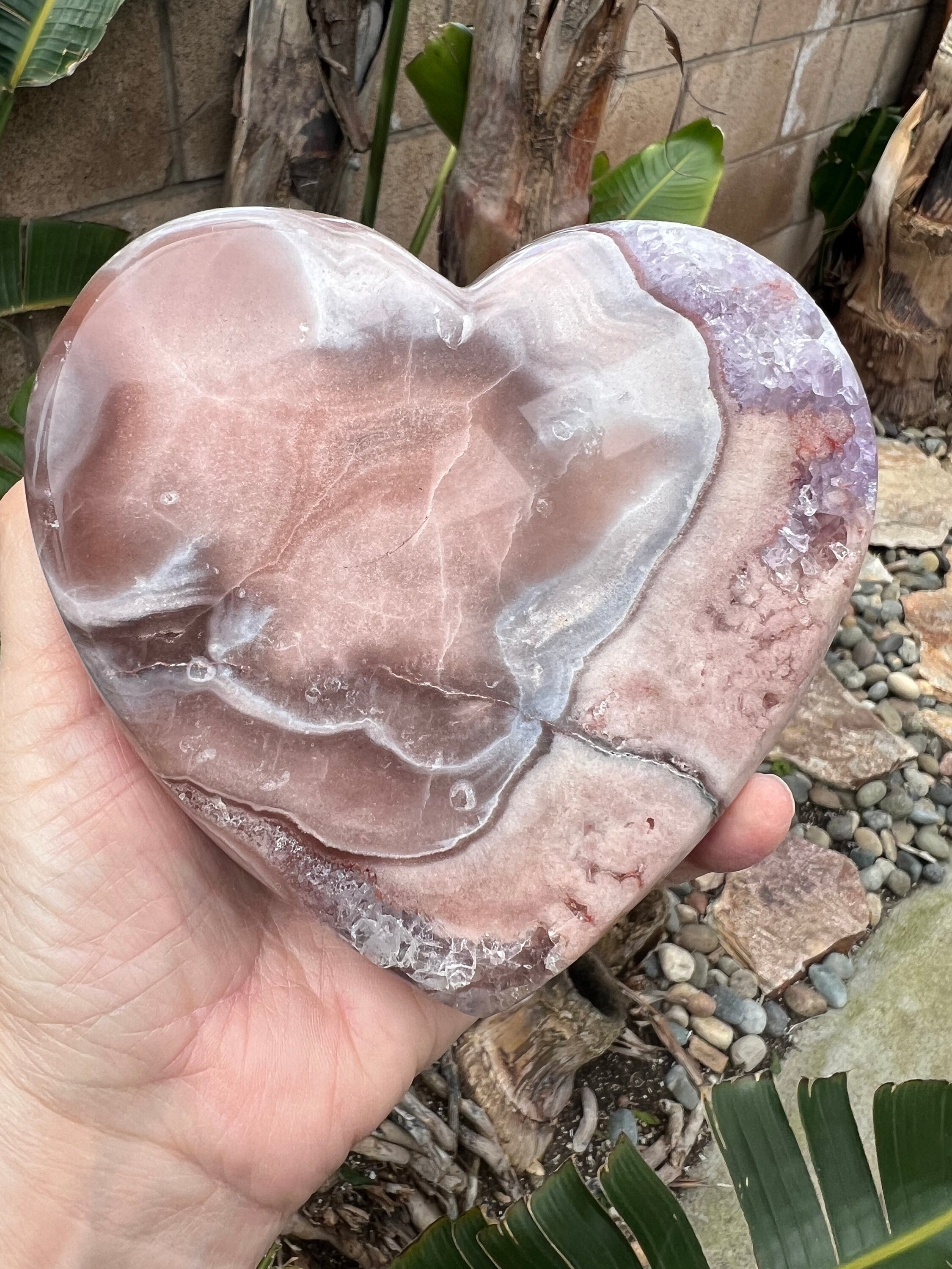 ブラジル産ピンクアメジストのドゥルージーハートとアゲート - 5x5