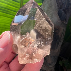 Smokey Quartz Crystal Mini Point  with a Phantom and some Gold, with Stand