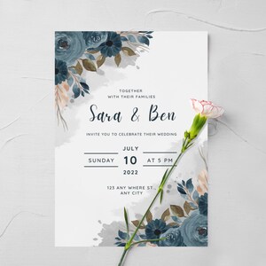 Wedding Invitation, Elegant Invitation, Floral Invitation, Blue and Coral Invitation, Wedding invite