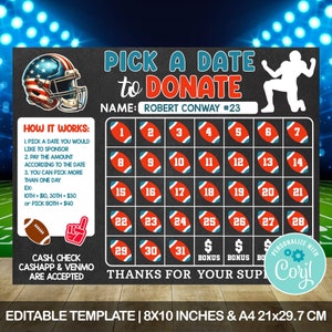 Editable Fundraising Calendar, Football, Pick a Date to Donate, Pay the Date Fundraiser,  Instant Download,