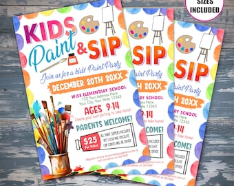 Bewerkbare flyersjabloon voor kinderen nippen en schilderen, flyer voor kinderfeestje evenement, flyer voor verf en slokje, flyer voor kinderen evenement, flyersjabloon