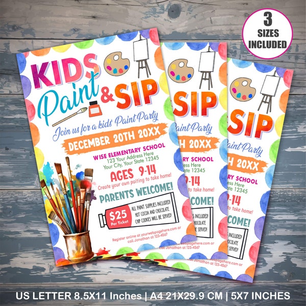 Editable Kids Sip and Paint Flyer Template, Kids Paint Party Event Flyer, Paint and Sip Flyer, Kids Event Flyer, Flyer Template